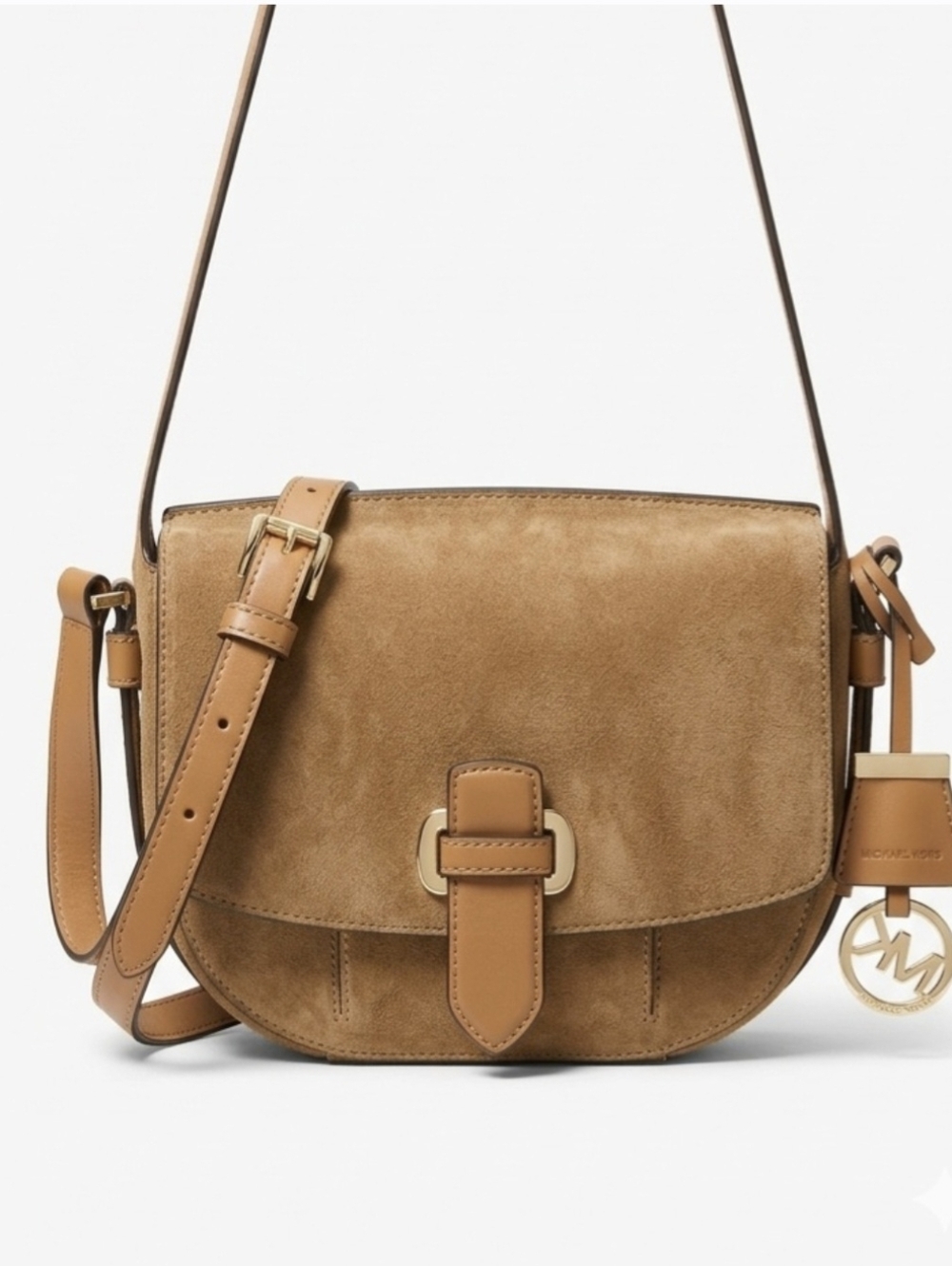 Michael Kors Tan Suede Leather Shoulder Bag - Gold Hardware, Buckle, MK Charm